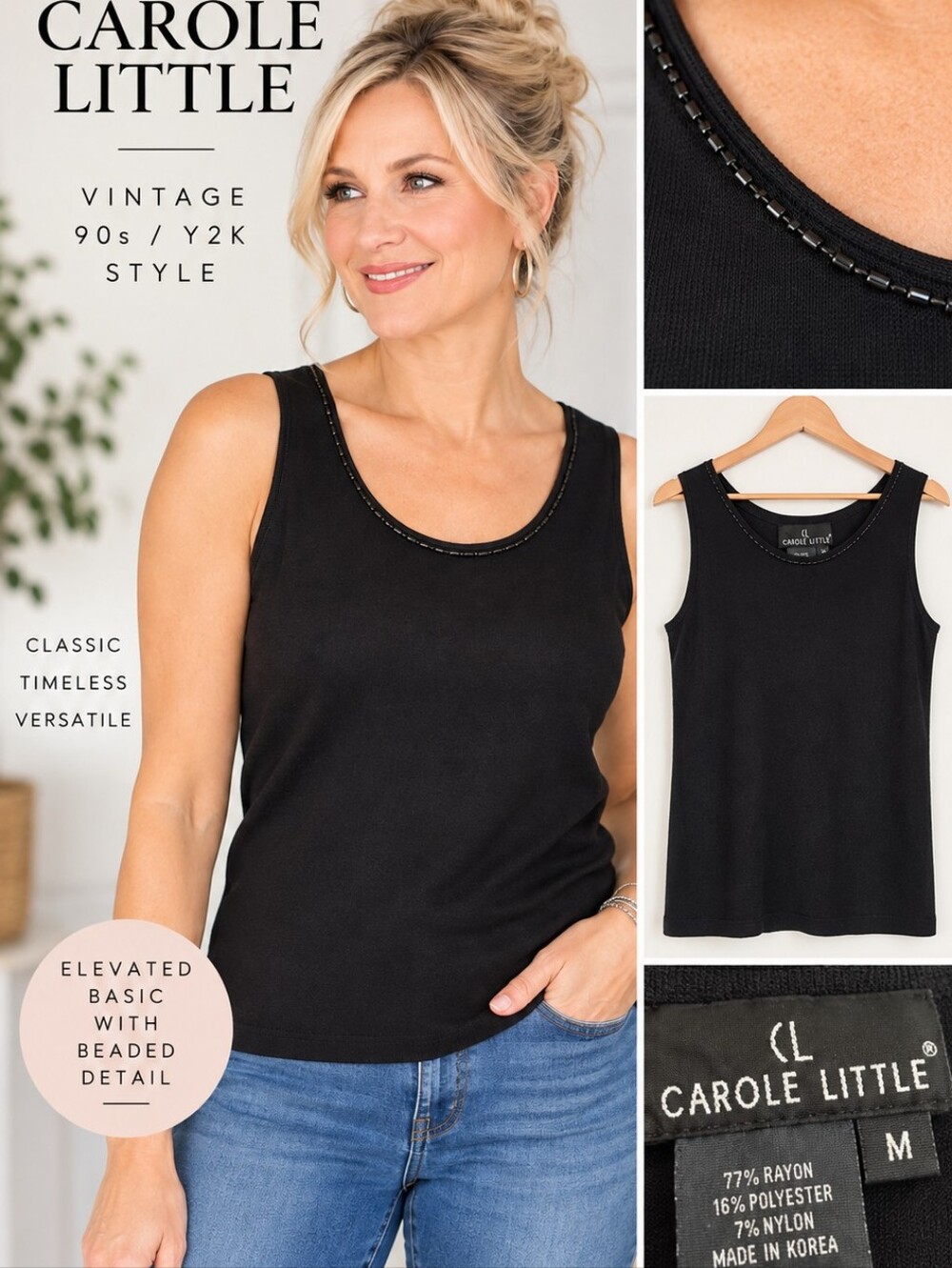 Vintage 90s Y2K Carole Little Black Beaded Neckline Rayon Knit Tank Top M
